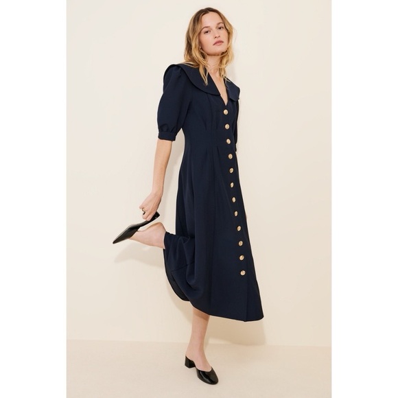 NWT Ronny Kobo x Nuuly Rumi Button Front Midi Dress in Navy Blue - Picture 1 of 11